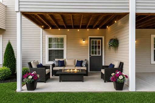 A cozy outdoor seating area with a lit fire pit.