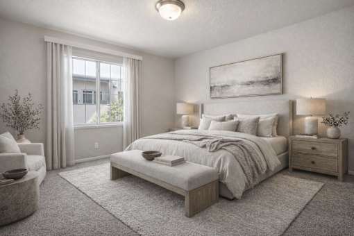 Spacious bedroom with neutral tones and modern furnishings at Vista Linda Apartments, Santa Fe