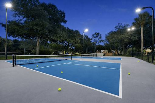 Tennis court with blue surface and white lines, surrounded by trees and street lights. at Epic Apartments , Florida, 32114