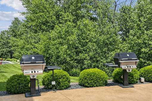 Outdoor grilling stations with landscaped surroundings at The Estates at Arbor Oaks Apartments, Andover, MN