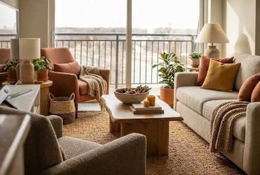 Bright living room with warm tones and balcony view at Hello Apartments, Minneapolis, Minnesota
