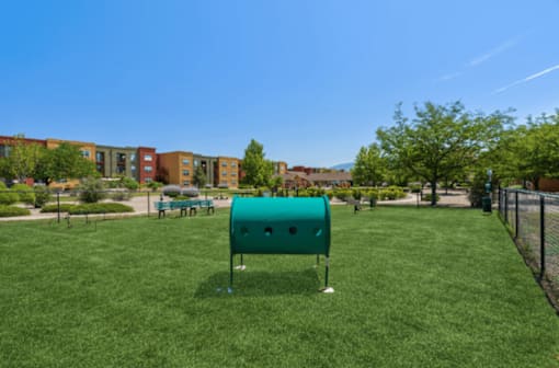 A green play structure in a grassy area with apartment buildings in the background.