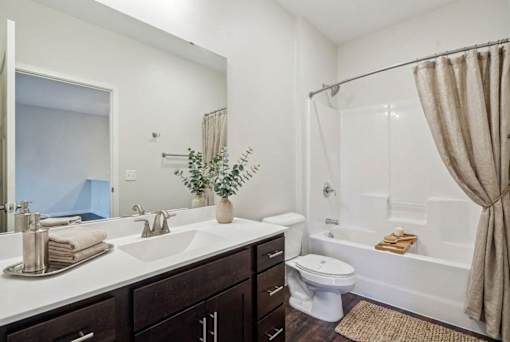 A bathroom with a white sink, toilet, and bathtub at Aster Meadow, Vadnais Heights, MN, 55127