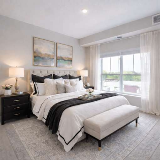 Spacious bedroom with upholstered bed and large window at The Hendrickson Apartments, Minnesota