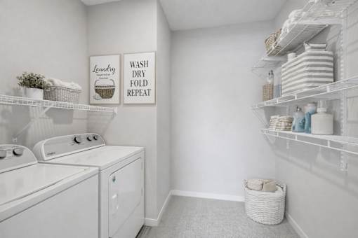 Laundry room with white wire shelving at The Hendrickson Apartments, Falcon Heights, MN