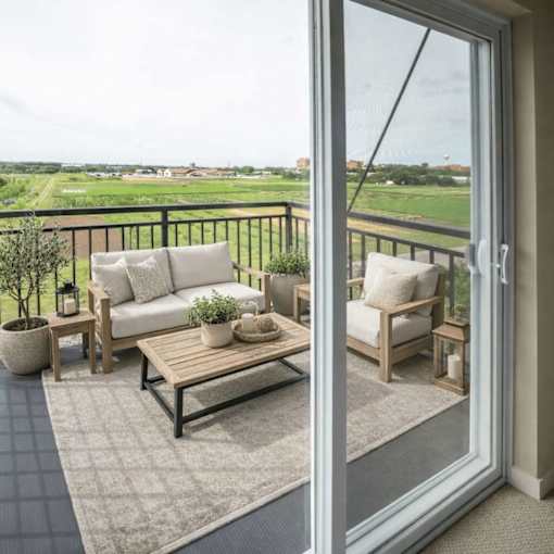 Furnished balcony overlooking open green fields at The Hendrickson Apartments, Minnesota, 55113