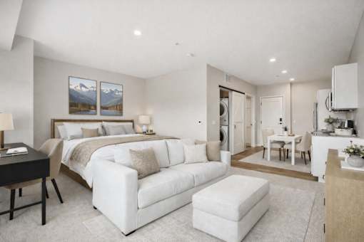 Studio apartment with kitchen and separate sleeping area at The Hendrickson Apartments, Falcon Heights