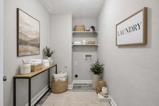 A laundry sign is on a wall above a small laundry room.