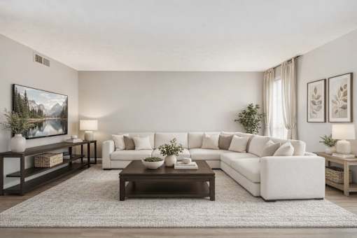 A living room with a white couch, a coffee table, and a painting on the wall.