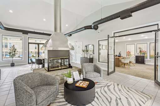 A modern living room with a grey sofa and a zebra print rug.