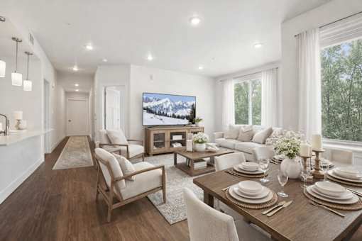 Open concept living and dining area at Connect at First Creek Apartments, Denver, CO