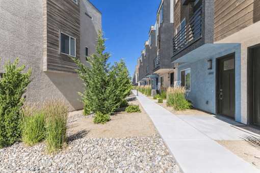 A row of modern houses with a gravel pathway in between.