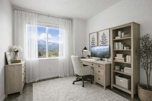 A room with a desk, chair, and a window with a view of the mountains.