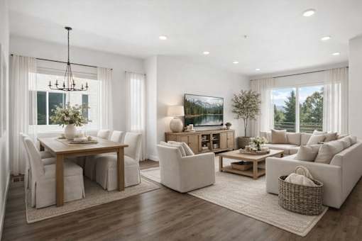 A well-lit, spacious living room with a dining area and a television.