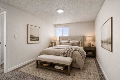 Bedroom with upholstered bed and neutral decor at Park Station Apartments, Midvale