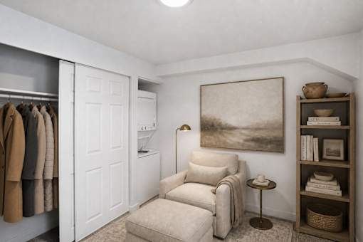 Reading nook with armchair and open closet at Park Station Apartments, Midvale, 84047