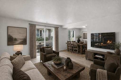 Living and dining area with fireplace at Park Station Apartments, Utah, 84047