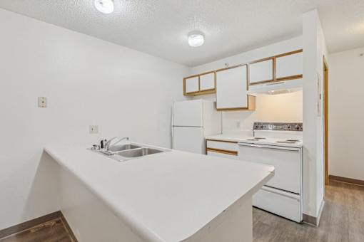 A white kitchen with a sink and a refrigerator.