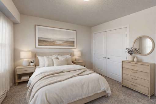Bright bedroom with neutral tones and modern furnishings at Cypress Court Apartments, Minnesota