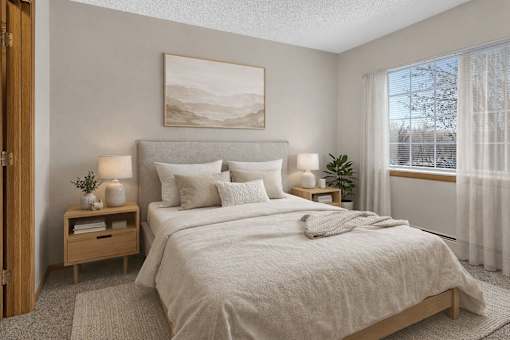 Cozy bedroom with neutral tones and natural light at Grand Gateway Apartments, St Cloud