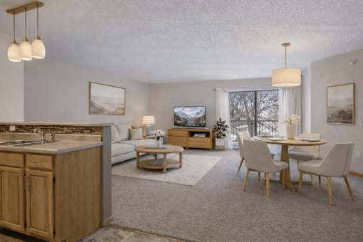 Open concept living and dining area with modern furnishings at Grand Gateway Apartments, St Cloud, Minnesota
