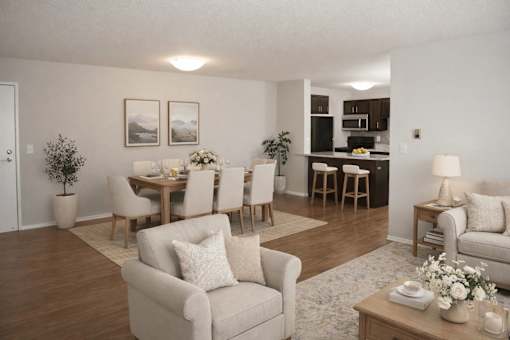 Open concept living and dining area with kitchen at Prosper West Apartments, Waite Park, 56387