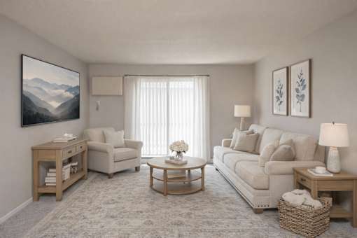 Living room with neutral furniture and large window at Prosper West Apartments, Waite Park