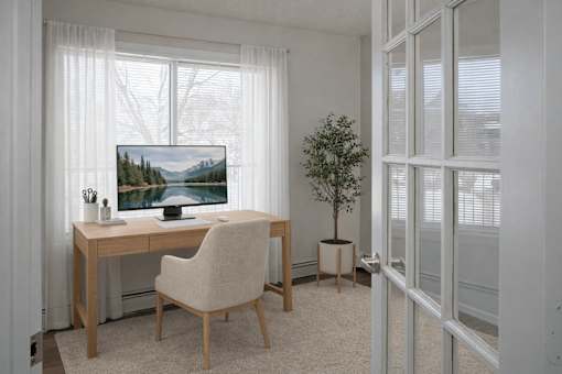 Home office with wooden desk and monitor at Regency Park Apartments, Minnesota, 56304