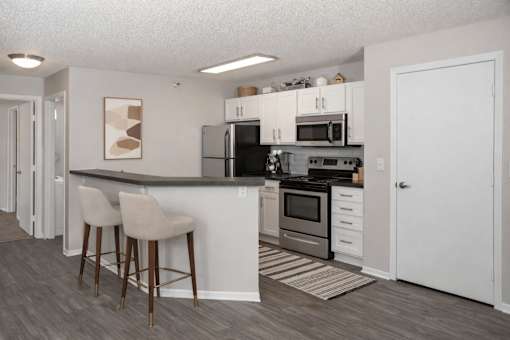 Modern kitchen with breakfast bar and stainless appliances at Regency Park Apartments, St Cloud, 56304