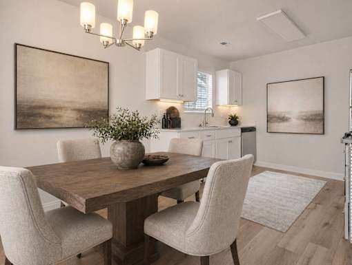 Dining area with wooden table and upholstered chairs at Lexington Park Apartments, Utah, 84119