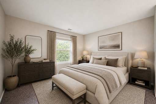 Cozy bedroom with neutral tones and layered bedding at Northview Park Apartments, Michigan