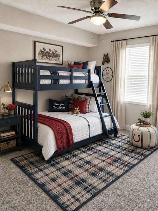 A room with a bunk bed and a rug.