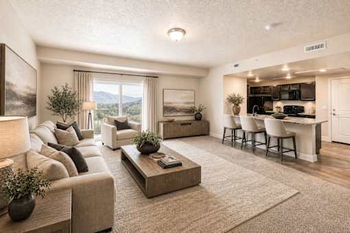 Open living room with mountain view and breakfast bar at The Ellison Apartments, Layton, UT