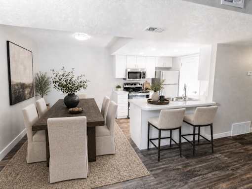 Open concept dining area and kitchen at Creekview Apartments, Midvale
