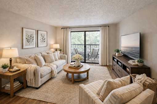 Living room with balcony access and modern furnishings at The Beckstead Apartments, South Jordan, 84095