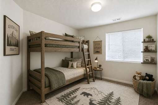 A cozy bedroom with a bunk bed and a rug with a deer design at Slate Canyon Apartments, Provo