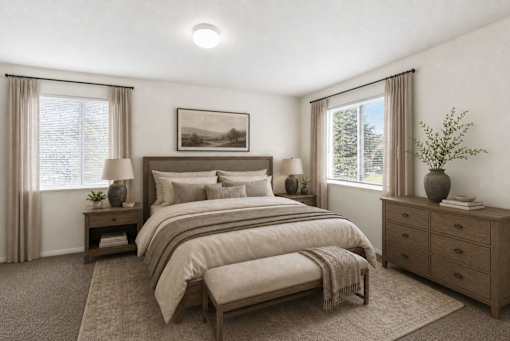 A bedroom with a large bed, a nightstand, and a dresser at Slate Canyon Apartments, Apartments, Provo, UT