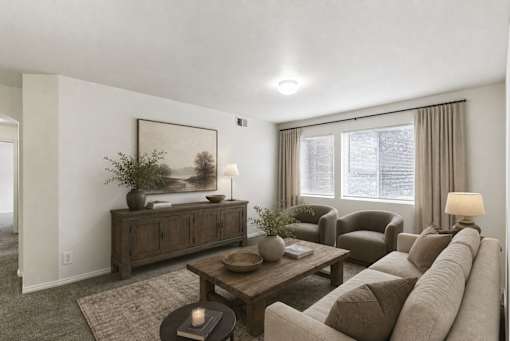 A living room with a brown couch, a wooden coffee table, and a painting on the wall at Slate Canyon Apartments, Provo, 84606