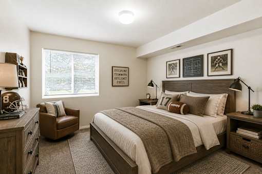 A bedroom with a bed, chair, and two framed pictures on the wall at Slate Canyon Apartments, Provo, UT, 84606