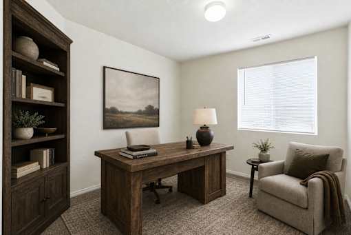 A room with a desk, chair, and a painting on the wall at Slate Canyon Apartments, Apartments, Provo, UT