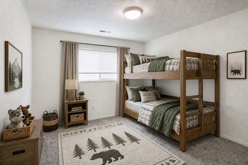 A cozy bedroom with a bunk bed and a bear rug on the floor.