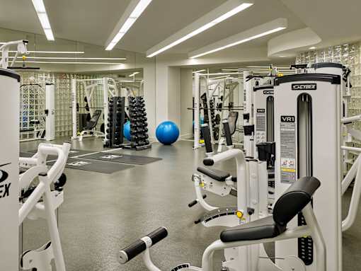 A gym with a variety of equipment including a blue medicine ball.