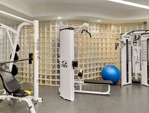 A gym with a variety of equipment including a leg press machine, a bench, and a ball.