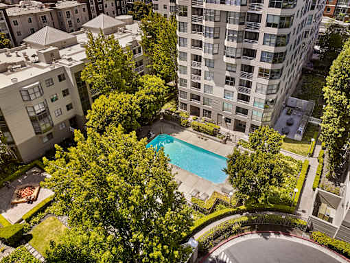 A swimming pool surrounded by trees and buildings.