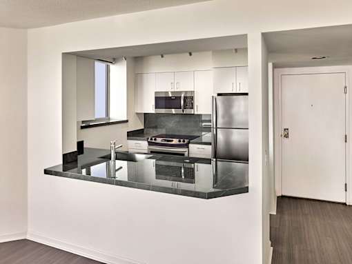 A modern kitchen with a refrigerator, sink, and stove.