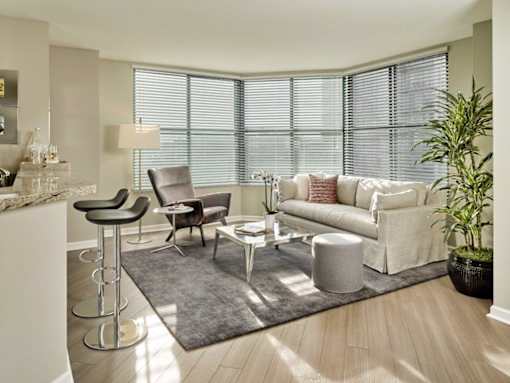 A modern living room with a grey rug and a white sofa.