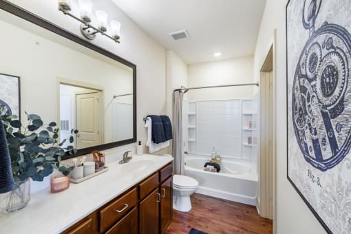 a bathroom with a large mirror and a toilet and a shower at Park and Kingston, Charlotte, 28203
