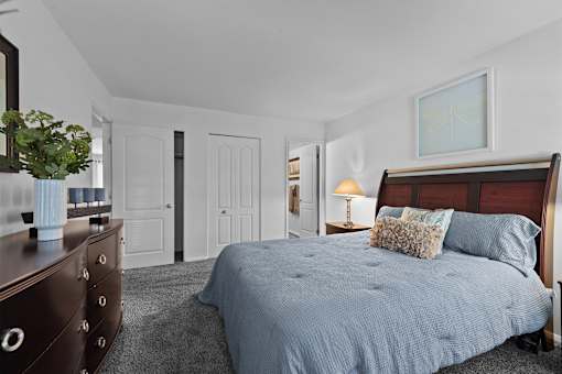 A bedroom with a large bed and a dresser with a plant on top.