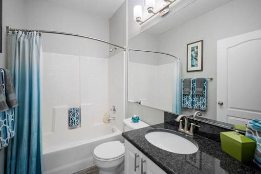 bathroom with shower and vanity with black countertop at The Grand Reserve at Tampa Palms Apartments, Tampa, 33647