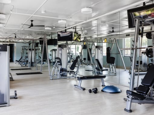 Fitness center strength equipment at St. Marys Square Apartments, Raleigh, 27605